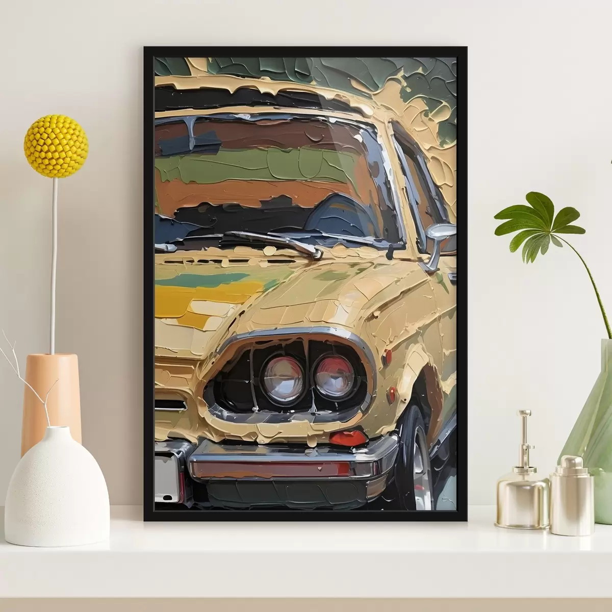 Poster Imitazione di pittura ad olio ad impasto di auto gialla su uno sfondo colorato e astratto f41261