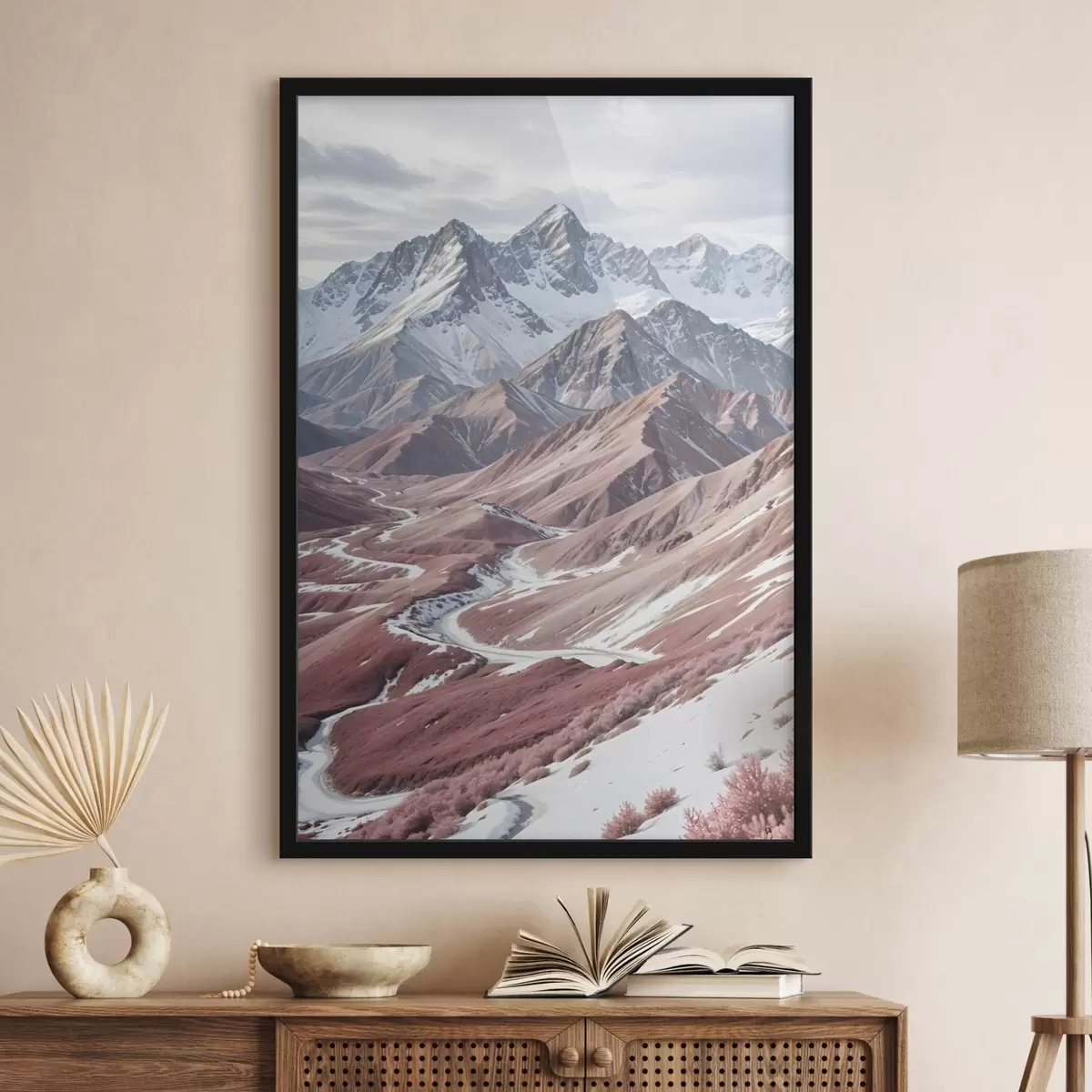 Poster Montagne aspre e innevate con un fiume tortuoso che scorre in un paesaggio vasto e colorato f41262