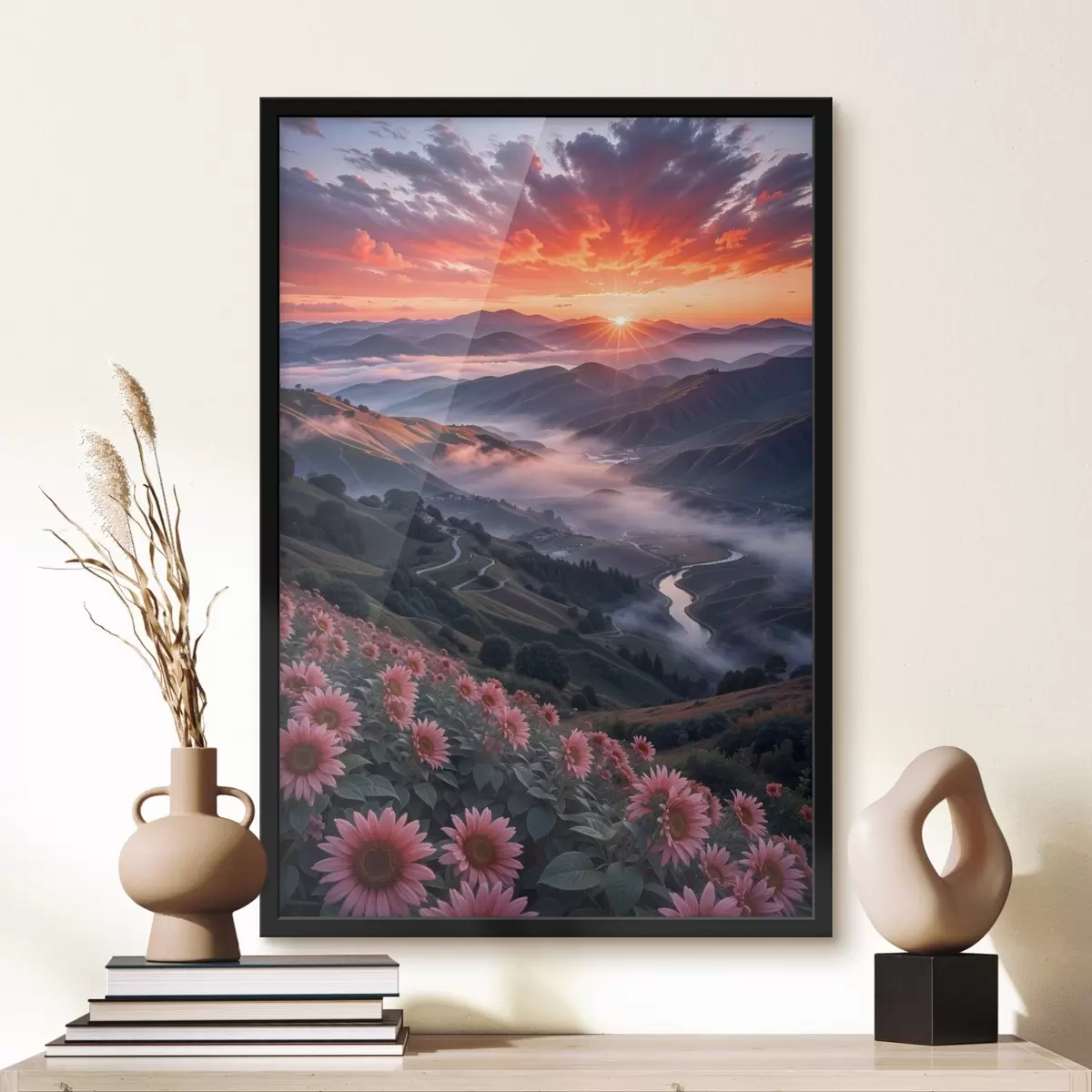 Poster Un paesaggio mozzafiato con un tramonto vibrante su una regione montuosa con grappoli di fiori rosa f41263