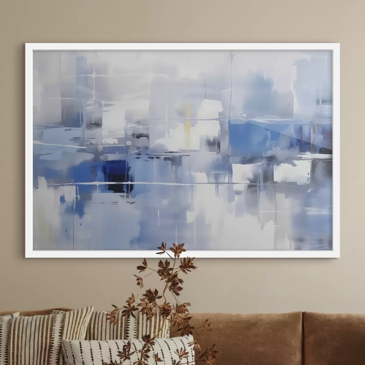 Poster Un'astrazione moderna nei toni del blu, del bianco e del grigio con linee e forme sfocate f41269