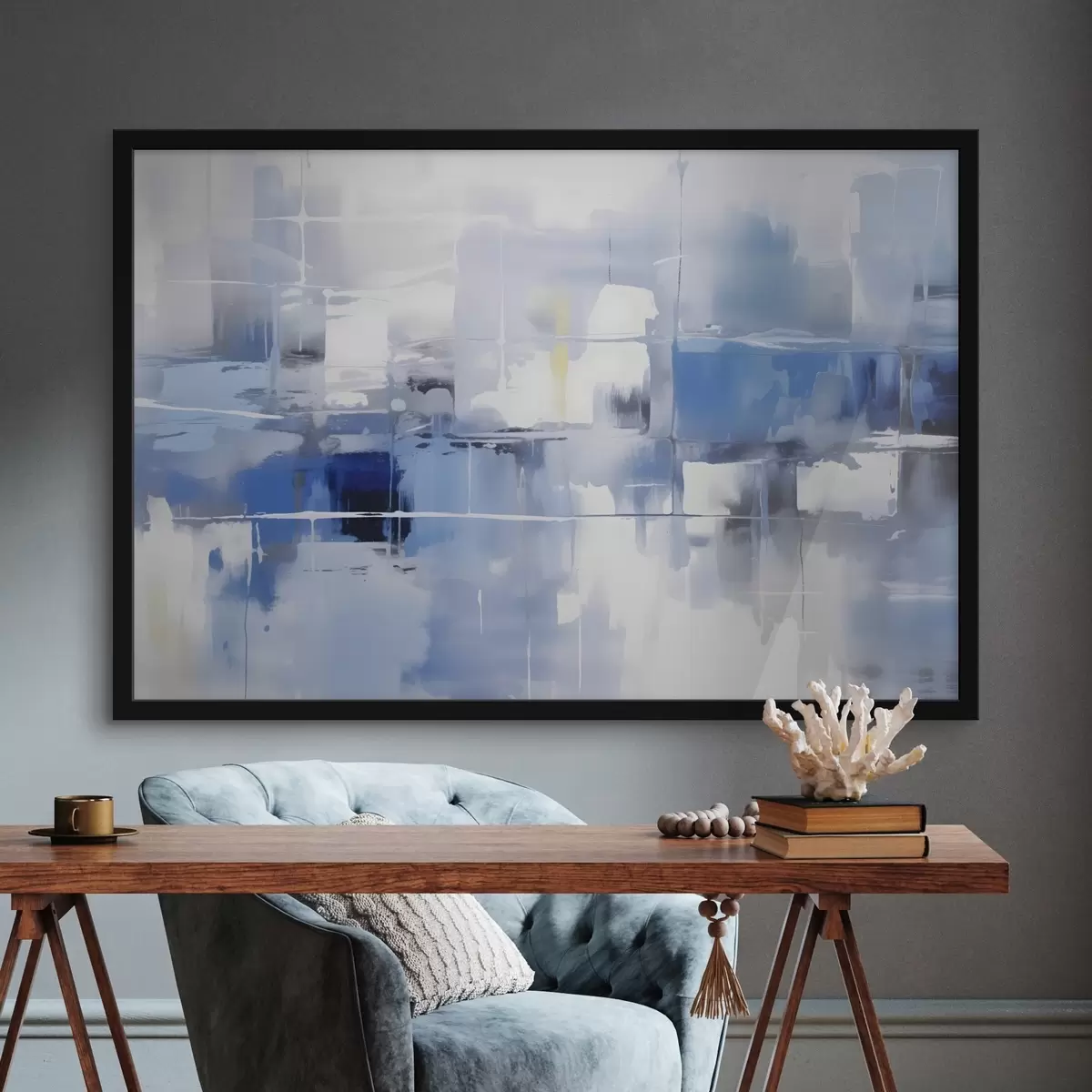 Poster Un'astrazione moderna nei toni del blu, del bianco e del grigio con linee e forme sfocate f41269