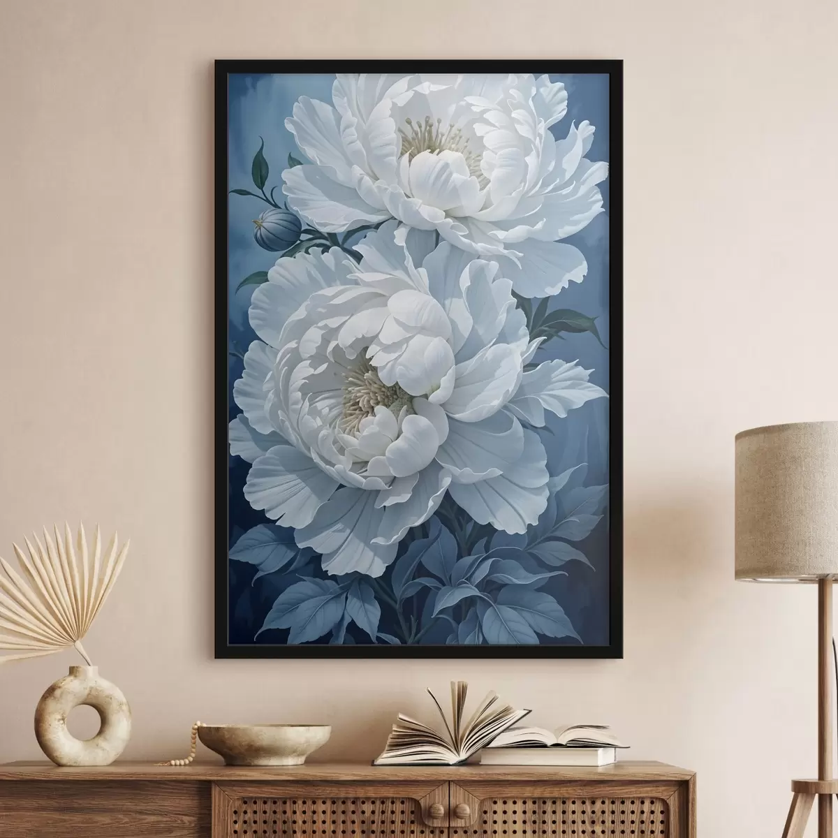 Poster Peonie bianche con foglie verdi su uno sfondo blu scuro f41270
