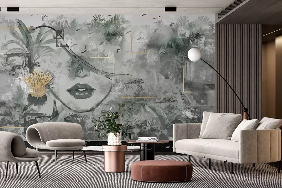 Carta da parati Moderno Foresta pluviale grunge e silhouette del volto di una ragazza n. w01916