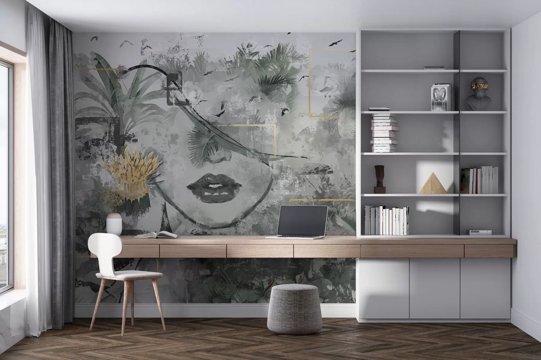 Carta da parati nature Foresta pluviale grunge e silhouette del viso di una ragazza 