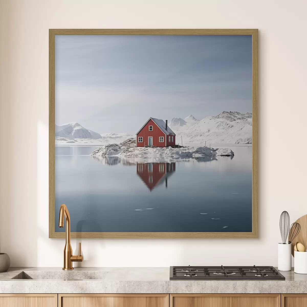 Poster Paesaggio invernale minimalista casa rossa sul lago f41437