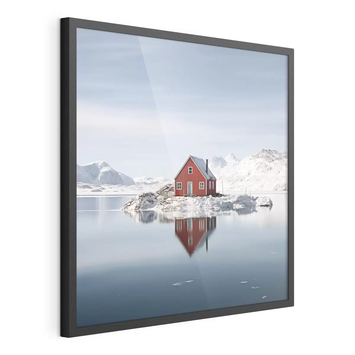 Poster Paesaggio invernale minimalista casa rossa sul lago f41437