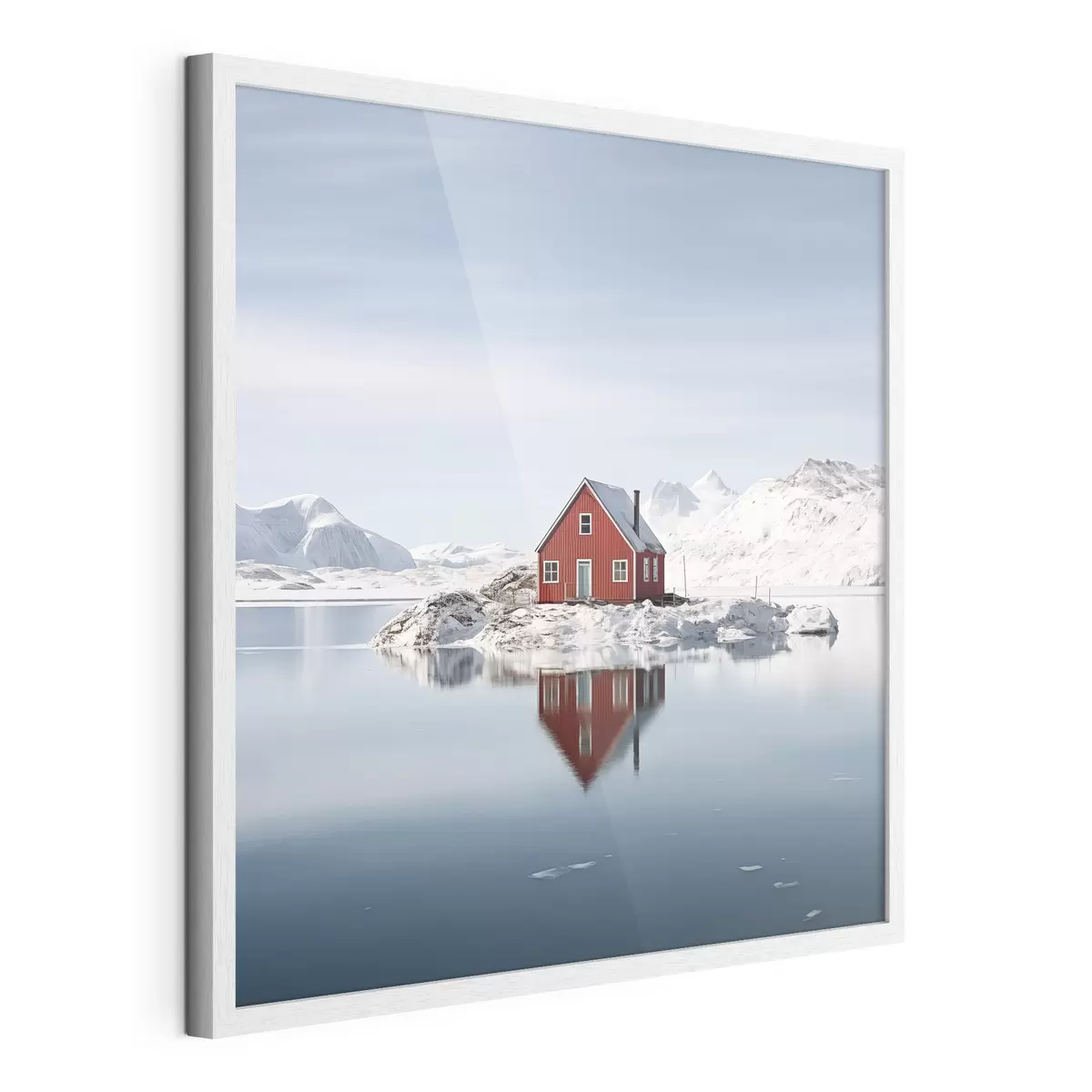 Poster Paesaggio invernale minimalista casa rossa sul lago f41437