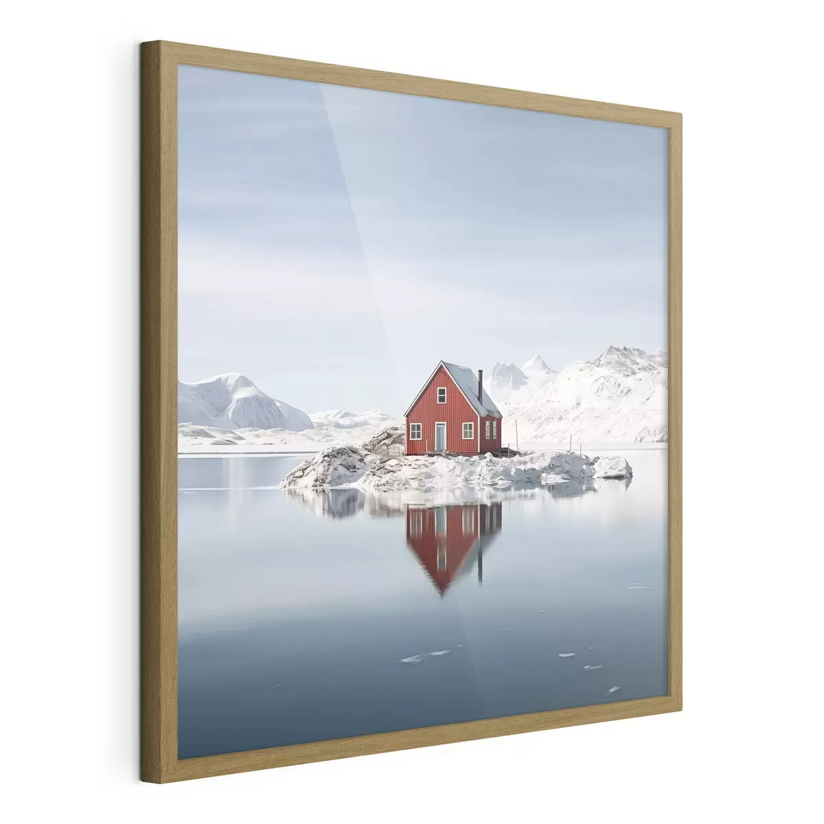 Poster Paesaggio invernale minimalista casa rossa sul lago f41437