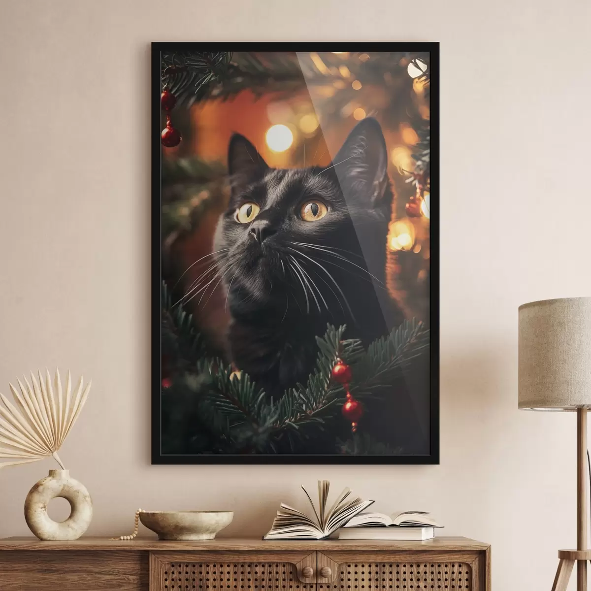 Poster Gatto nero sullo sfondo delle luci di Capodanno f41441