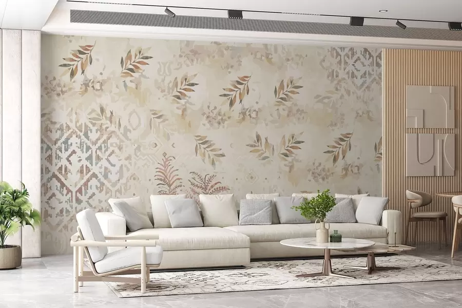 Carta da parati nature carta da parati in stile retrò con motivi, elementi di abrasione, macchie e foglie, nei colori beige 