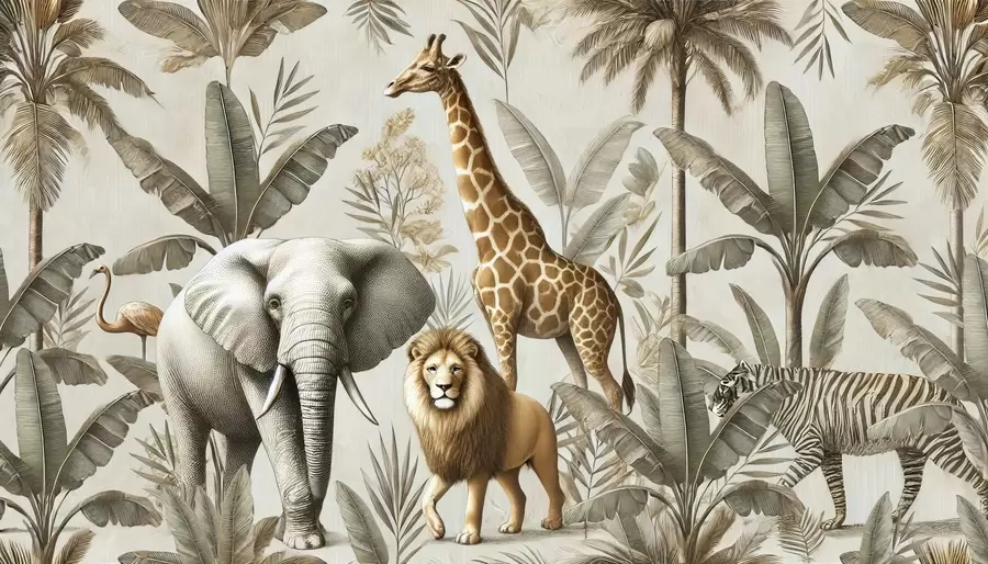 carta da parati Carta da parati per bambini Safari con paesaggio tropicale e vari animali in colori eleganti nr. w01956