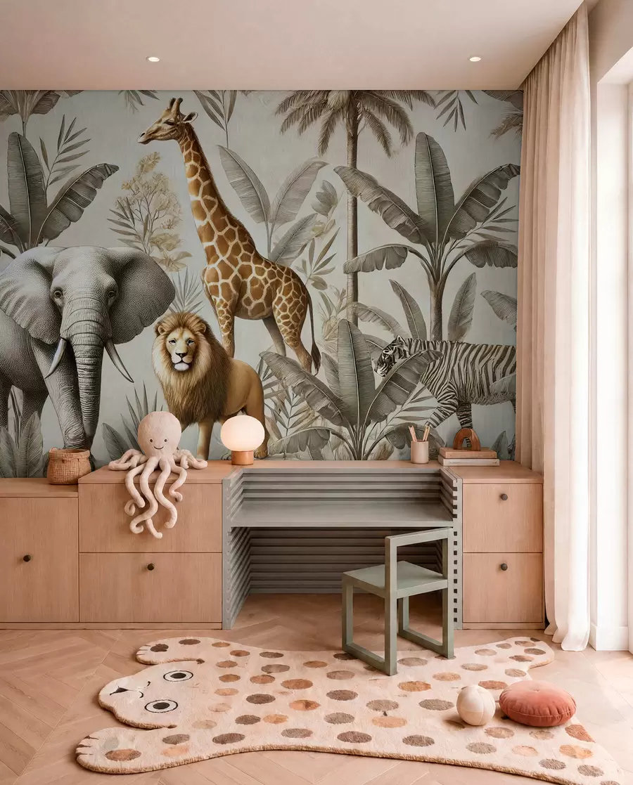 carta da parati Carta da parati per bambini Safari con paesaggio tropicale e vari animali in colori eleganti nr. w01956