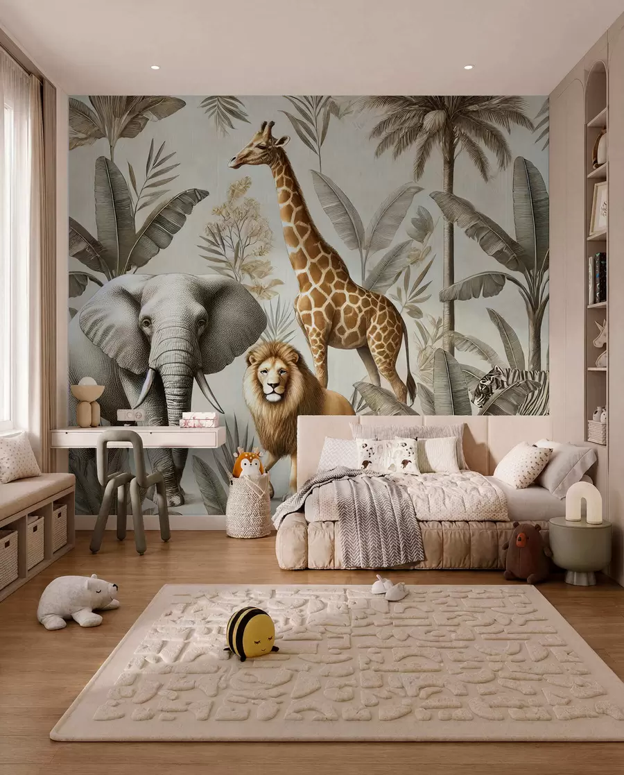 carta da parati Carta da parati per bambini Safari con paesaggio tropicale e vari animali in colori eleganti nr. w01956