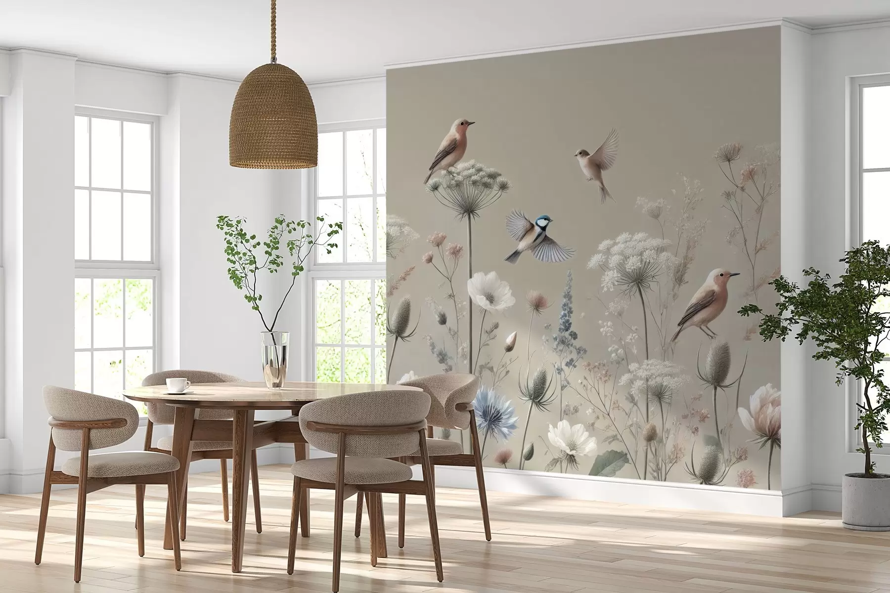 carta da parati Delicati fiori di campo con uccelli su sfondo beige nr. w01958