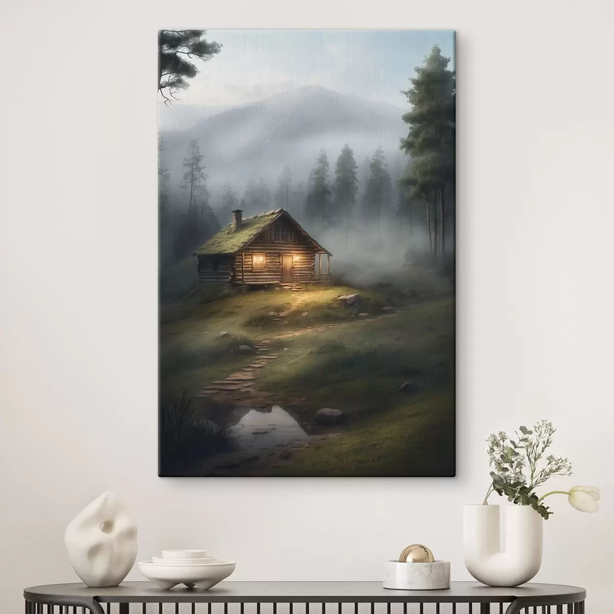 carta da parati Cabina in una foresta nebbiosa nr. s41304