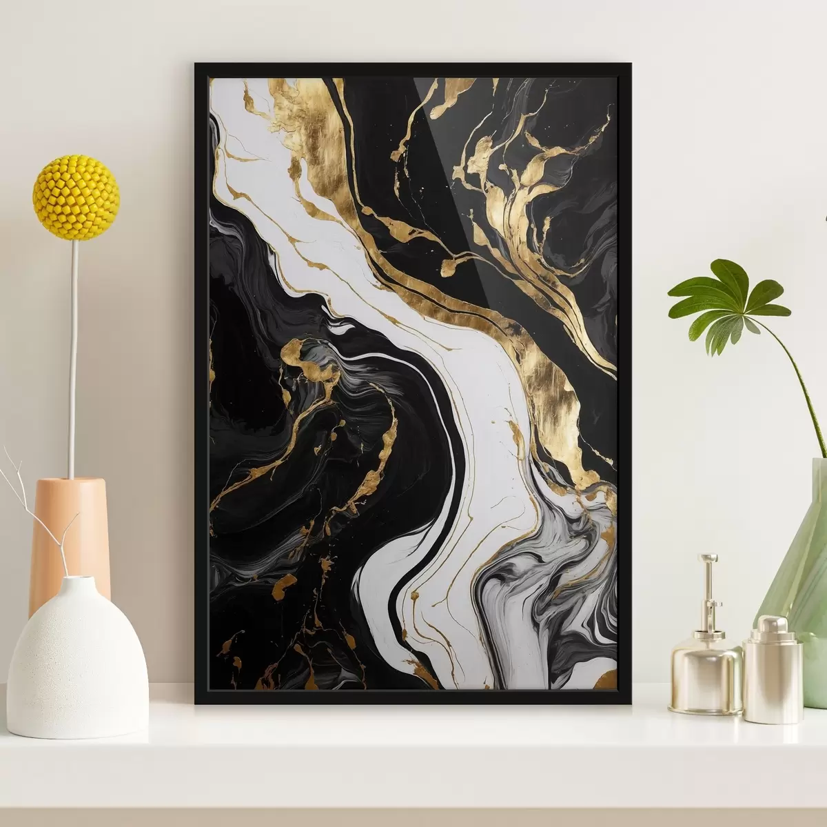 Poster Pittura astratta in bianco e nero con macchie gialle f41292