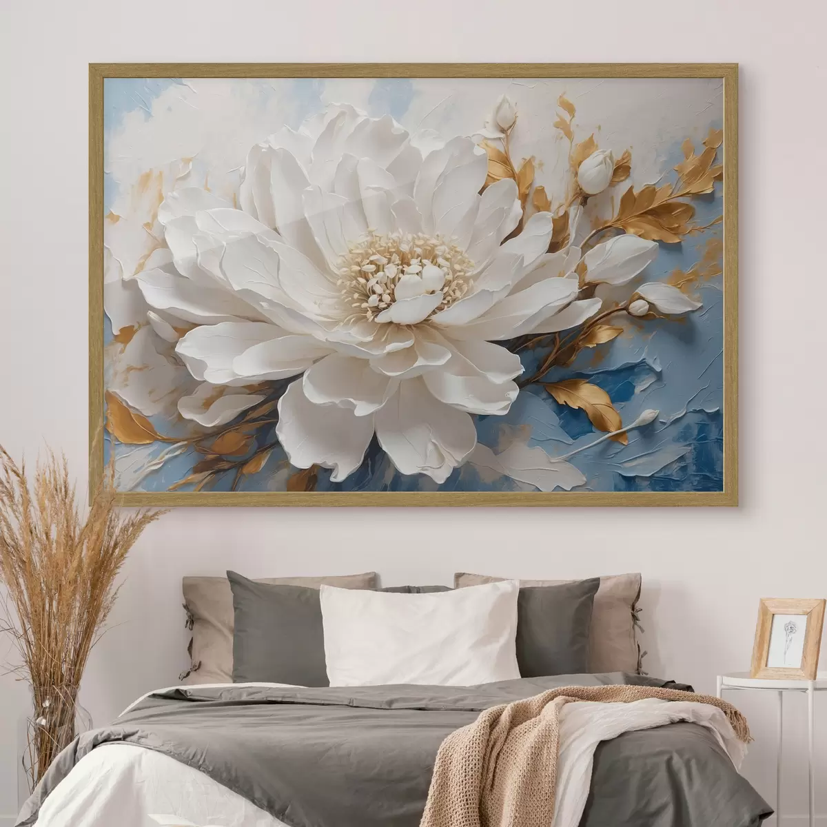 Poster Fiore bianco su sfondo bianco-blu f41311