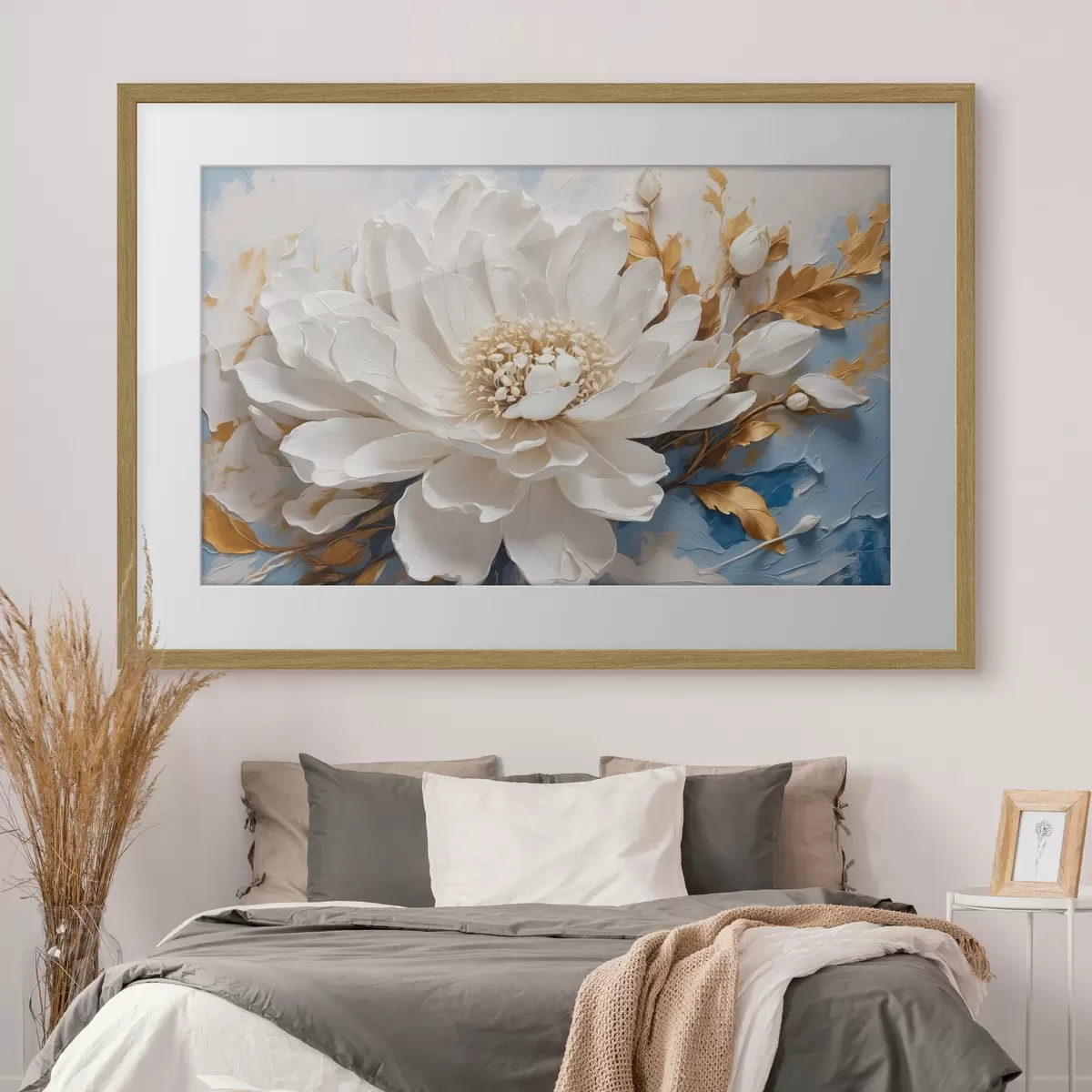 Poster Fiore bianco su sfondo bianco-blu f41311