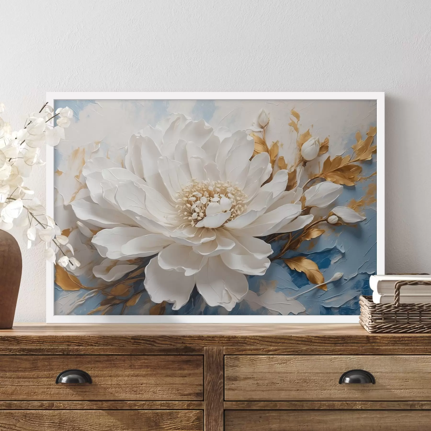 carta da parati Fiore bianco su sfondo bianco-blu nr. f41311