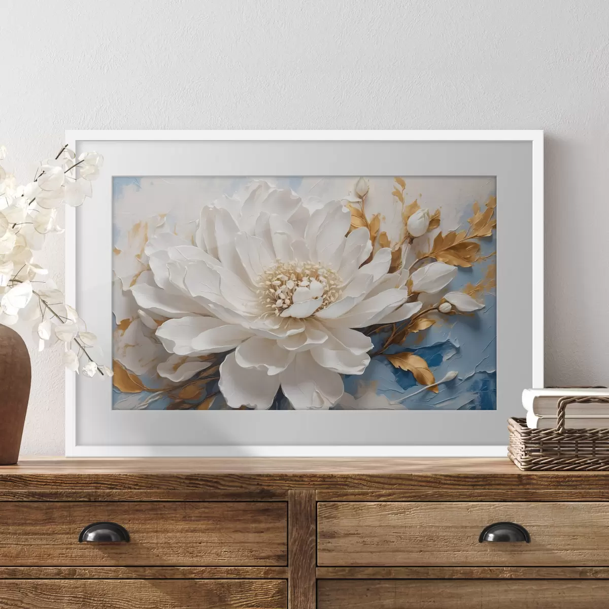 Poster Fiore bianco su sfondo bianco-blu f41311