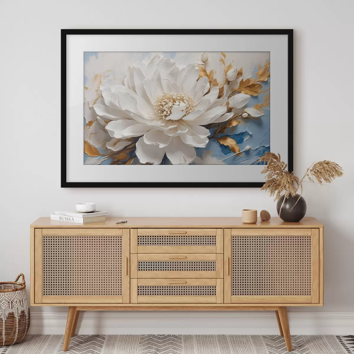 Poster Fiore bianco su sfondo bianco-blu f41311