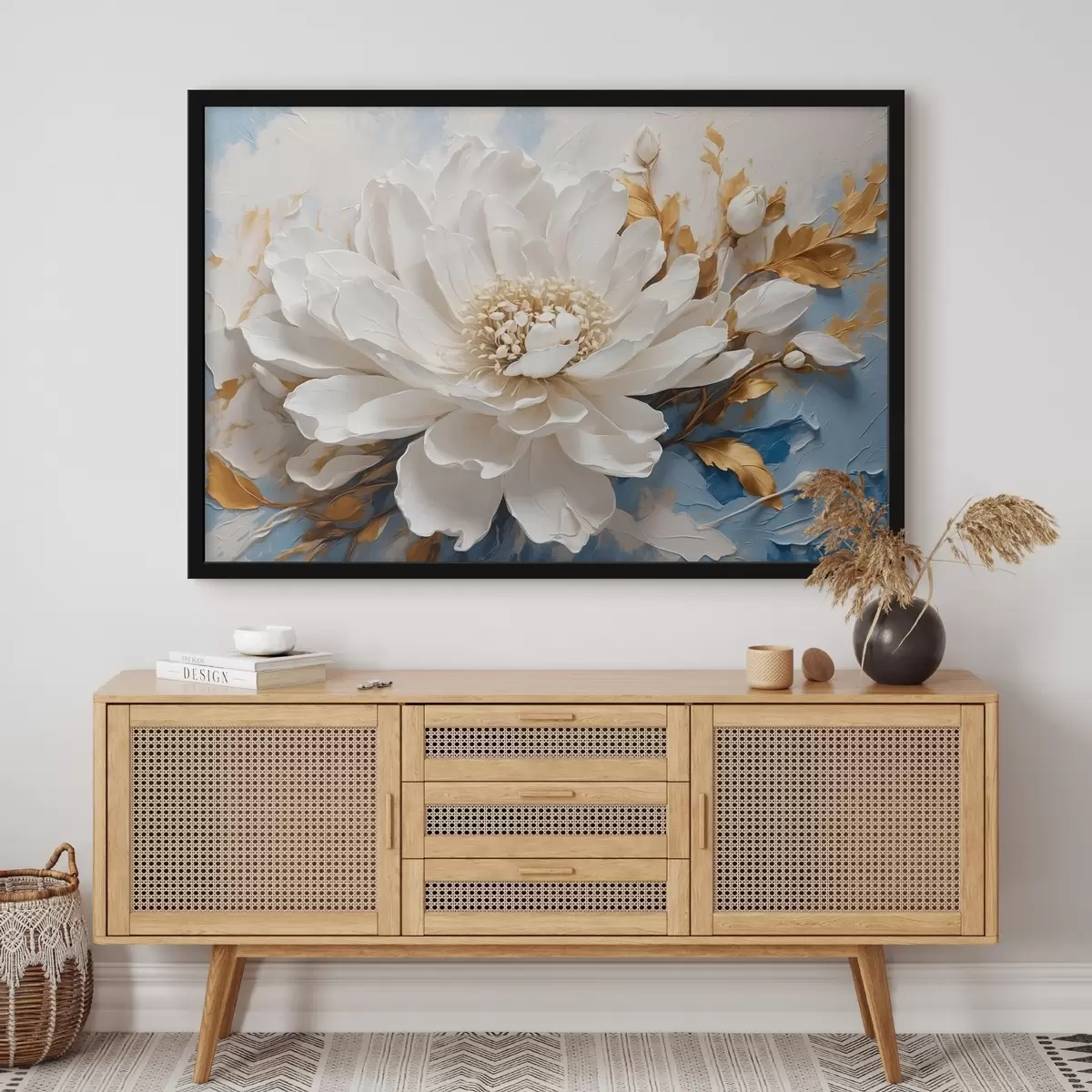 Poster Fiore bianco su sfondo bianco-blu f41311