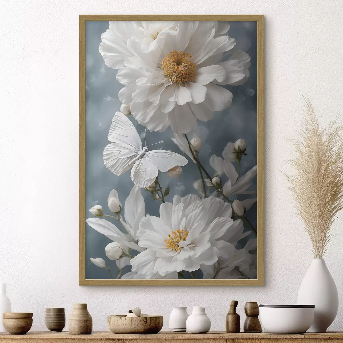 Poster Fiori bianchi e farfalla su sfondo sfocato f41312