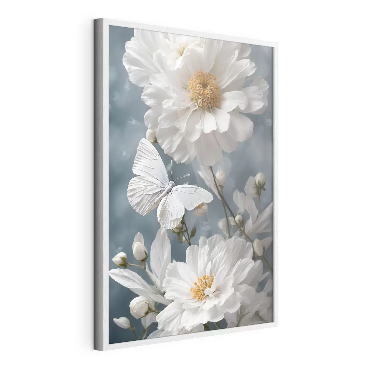Poster Fiori bianchi e farfalla su sfondo sfocato f41312