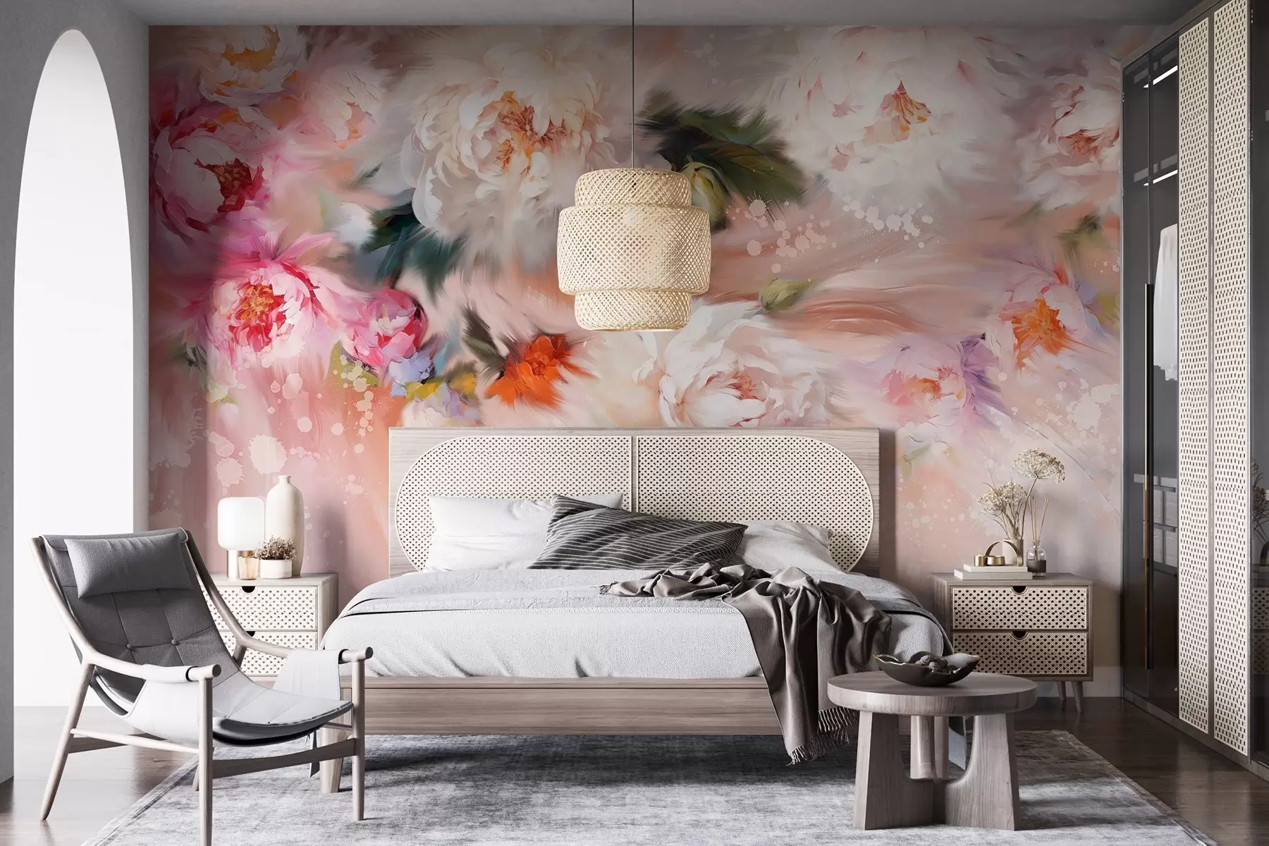 Carta da parati Floreale Peonie in acrilico, pennellate, floreale, colori pastello tenui n. w02021