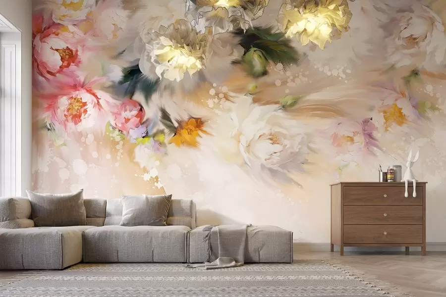 Carta da parati con rose Peonie in acrilico, pennellate, floreale, colori beige pastello tenui n. w02021v2