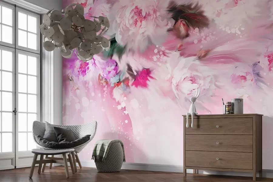 Carta da parati con rose Peonie in acrilico, pennellate, floreale, colori tenui rosa pastello n. w02021v1