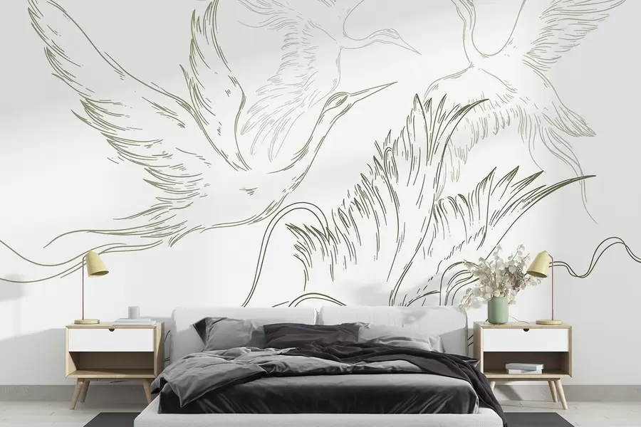 Carta da parati nature Uccelli in volo, minimalismo, line art, natura, colore verde 