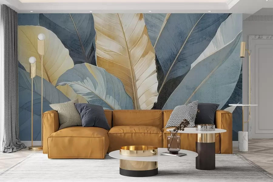 carta da parati Una vista ravvicinata di grandi foglie tropicali decorative, lussureggianti e strutturate, nei toni del blu, del verde e del giallo nr. w08373