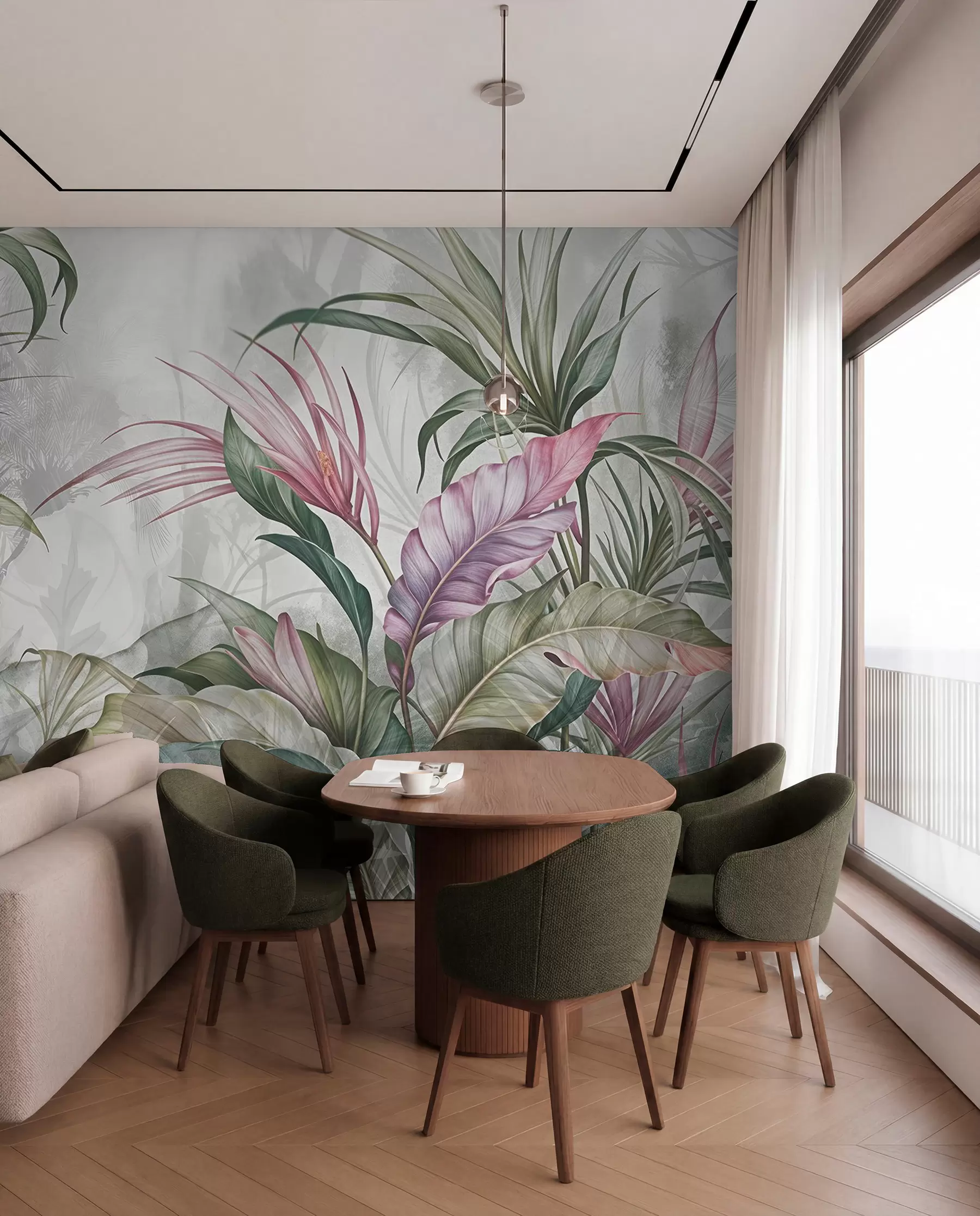 Carta da parati nature Giungla tropicale con grandi foglie verdi e fiori di protea rosa con sfondo sfocato e strutturato 