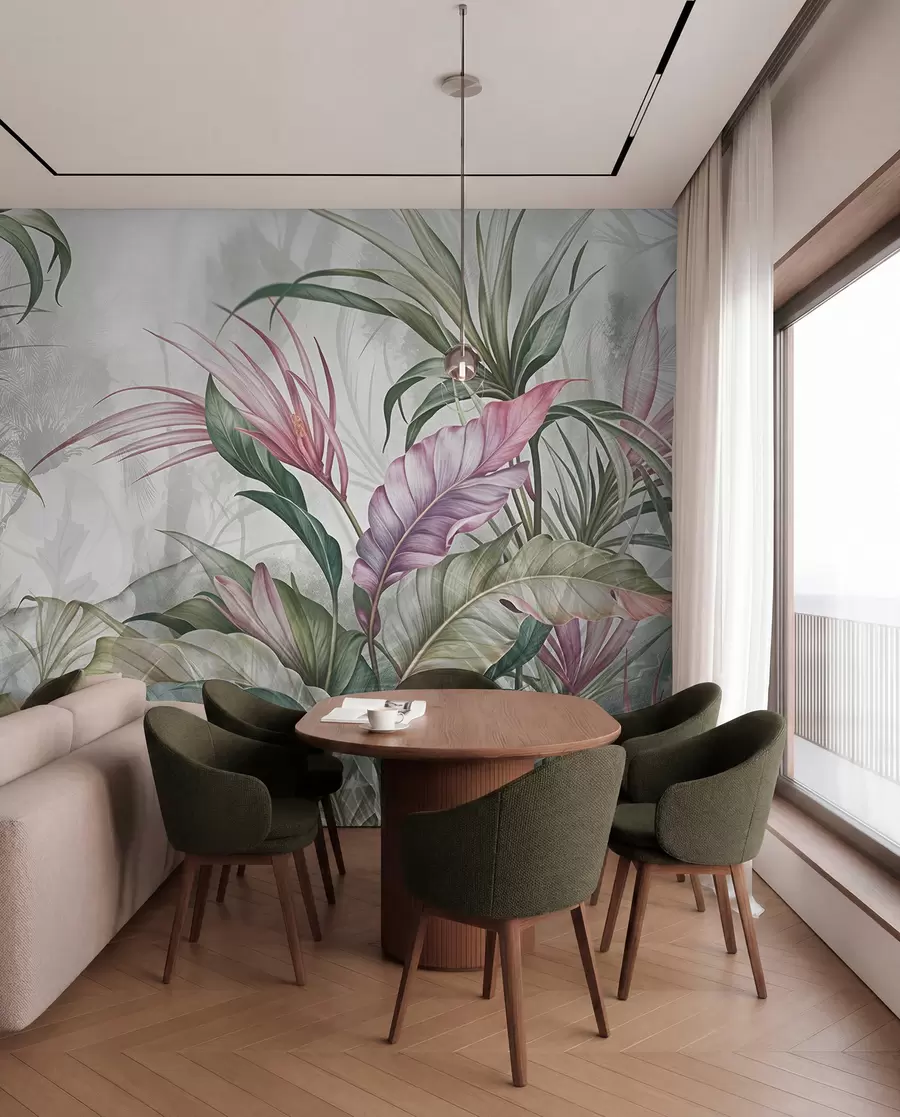 Carta da parati nature Giungla tropicale con grandi foglie verdi e fiori di protea rosa con sfondo sfocato e strutturato 