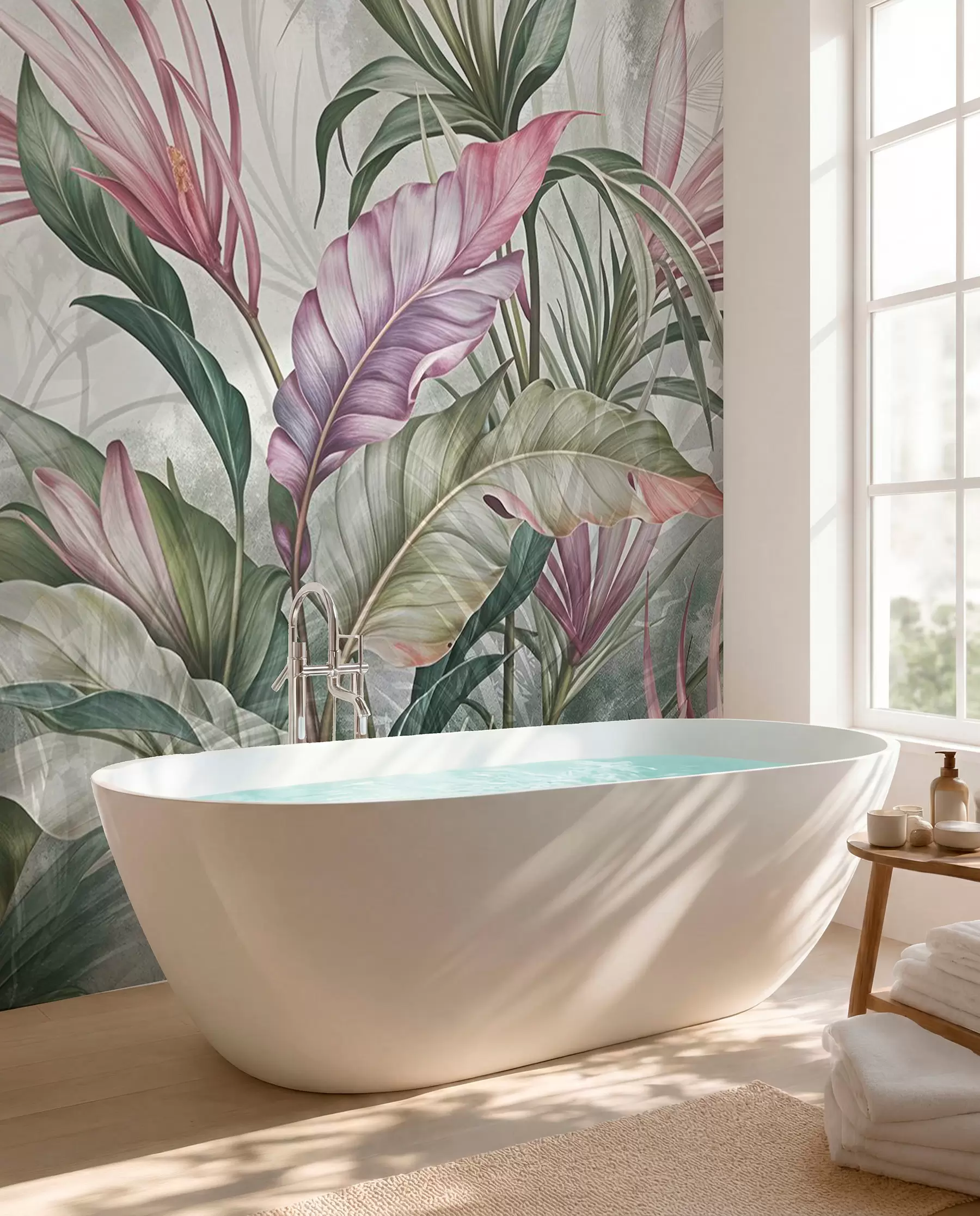 Carta da parati nature Giungla tropicale con grandi foglie verdi e fiori di protea rosa con sfondo sfocato e strutturato 