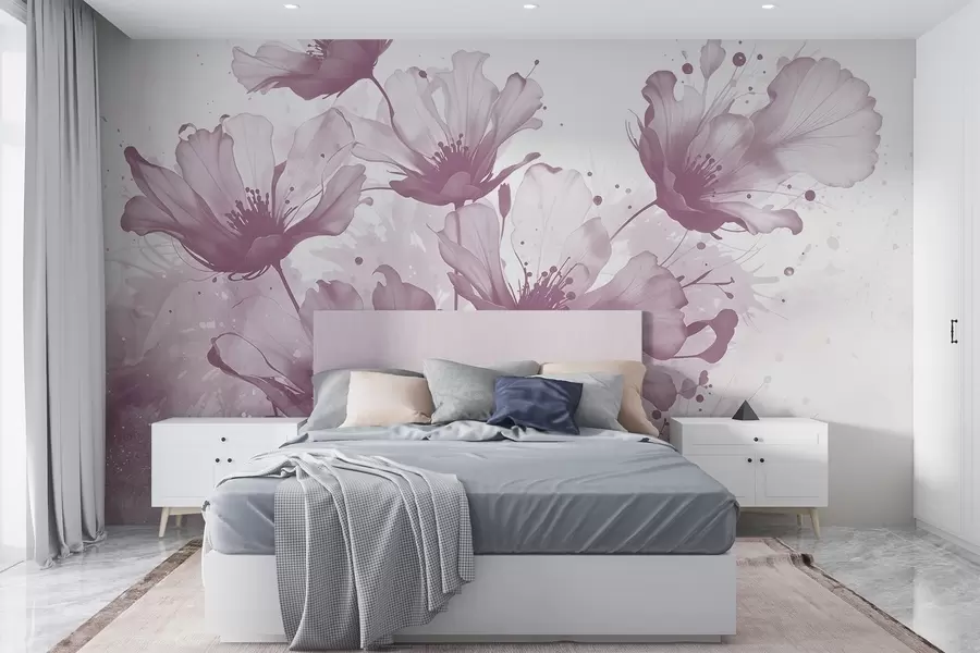 Carta da parati Floreale Delicati fiori rosa con petali morbidi e sfumati e schizzi di acquerello su uno sfondo chiaro n. w08376v2