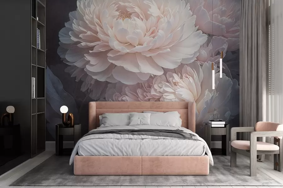 Carta da parati Fiori grandi Primo piano di due grandi e delicate peonie rosa con petali e foglie soffici e vaporose su uno sfondo sfocato n. w08382