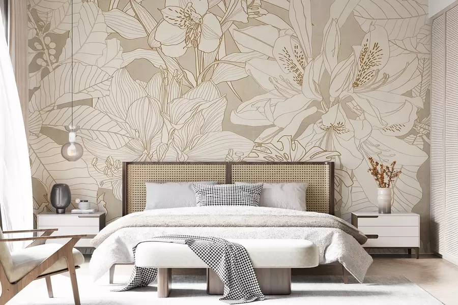 carta da parati Dettagliata stampa floreale giallo pastello con vari tipi di fiori e foglie, un disegno botanico lussureggiante e intricato nr. w08385v1