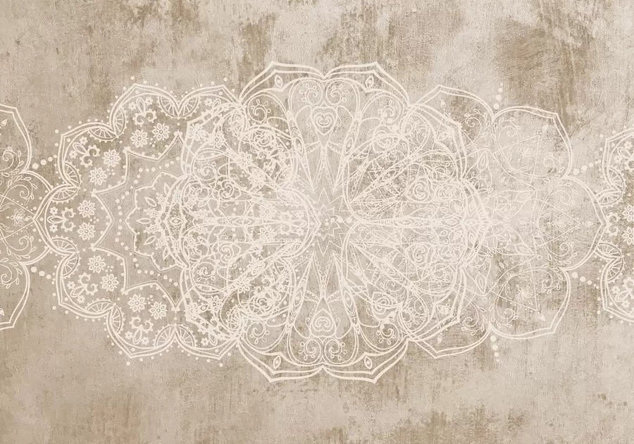carta da parati Un dettagliato e intricato motivo mandala in pizzo bianco su uno sfondo murale beige-marrone a effetto loft nr. w08387v1