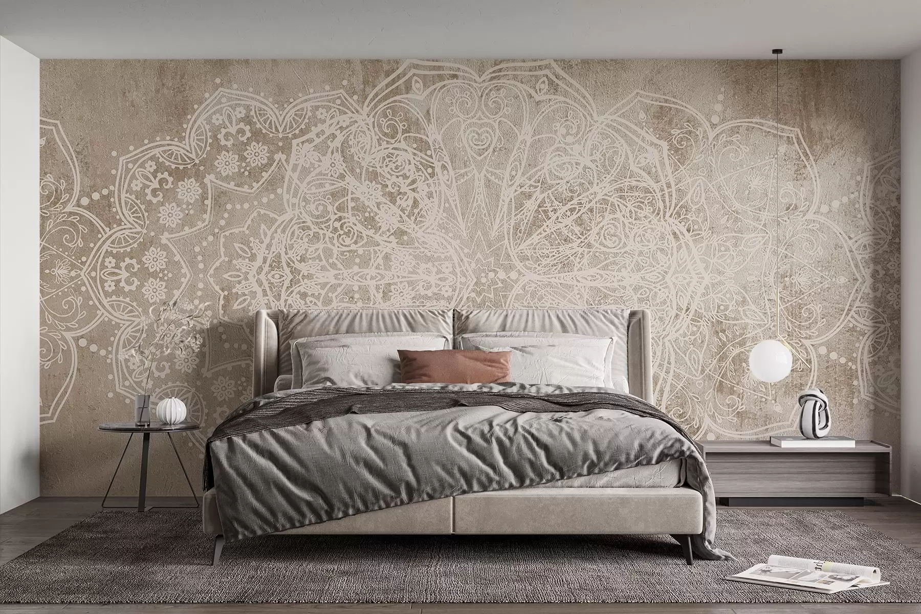 carta da parati Un dettagliato e intricato motivo mandala in pizzo bianco su uno sfondo murale beige-marrone a effetto loft nr. w08387v1