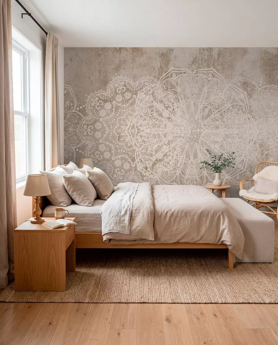 carta da parati Un dettagliato e intricato motivo mandala in pizzo bianco su uno sfondo murale beige-marrone a effetto loft nr. w08387v1