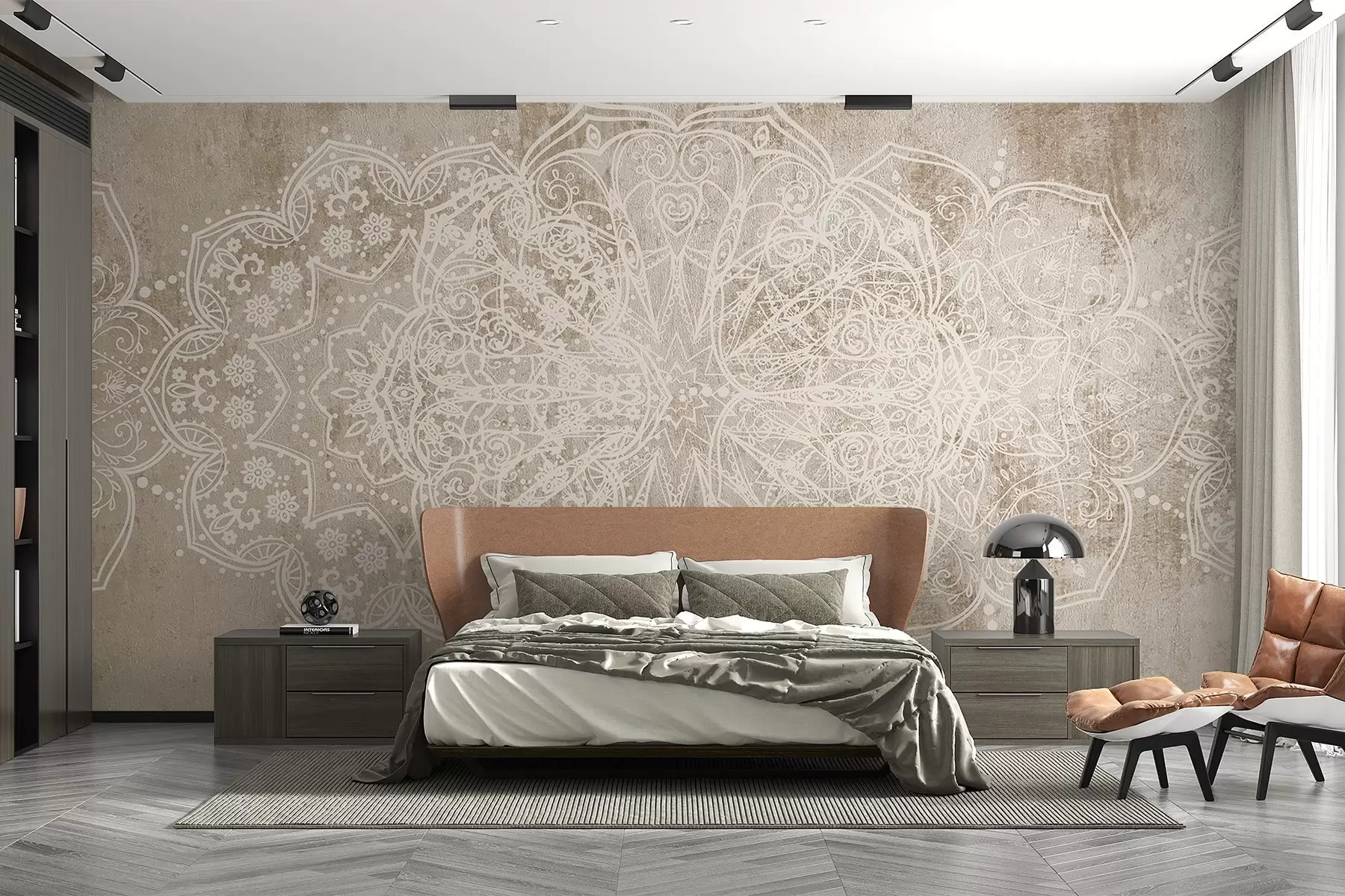 carta da parati Un dettagliato e intricato motivo mandala in pizzo bianco su uno sfondo murale beige-marrone a effetto loft nr. w08387v1