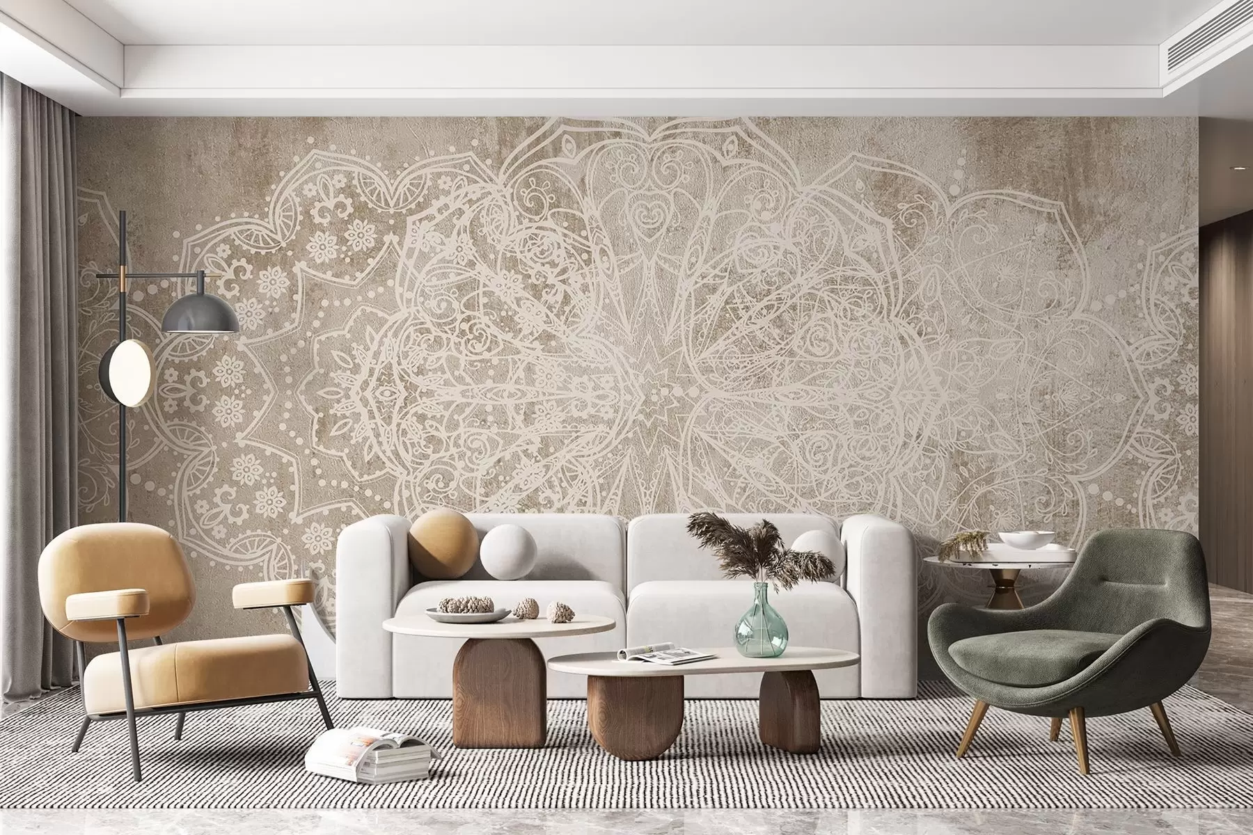 carta da parati Un dettagliato e intricato motivo mandala in pizzo bianco su uno sfondo murale beige-marrone a effetto loft nr. w08387v1
