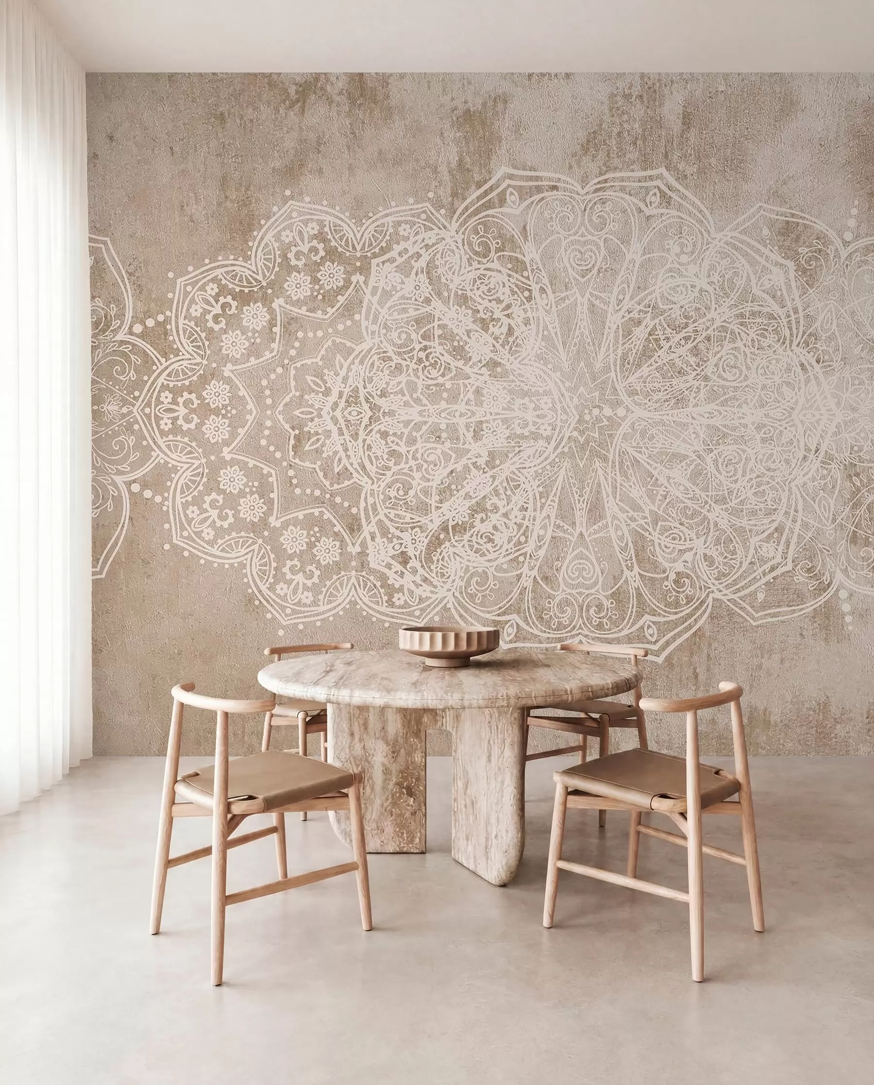 carta da parati Un dettagliato e intricato motivo mandala in pizzo bianco su uno sfondo murale beige-marrone a effetto loft nr. w08387v1