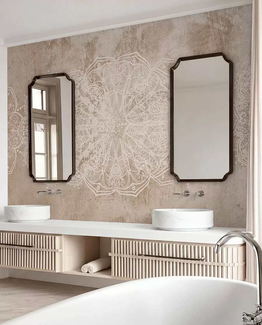 carta da parati Un dettagliato e intricato motivo mandala in pizzo bianco su uno sfondo murale beige-marrone a effetto loft nr. w08387v1
