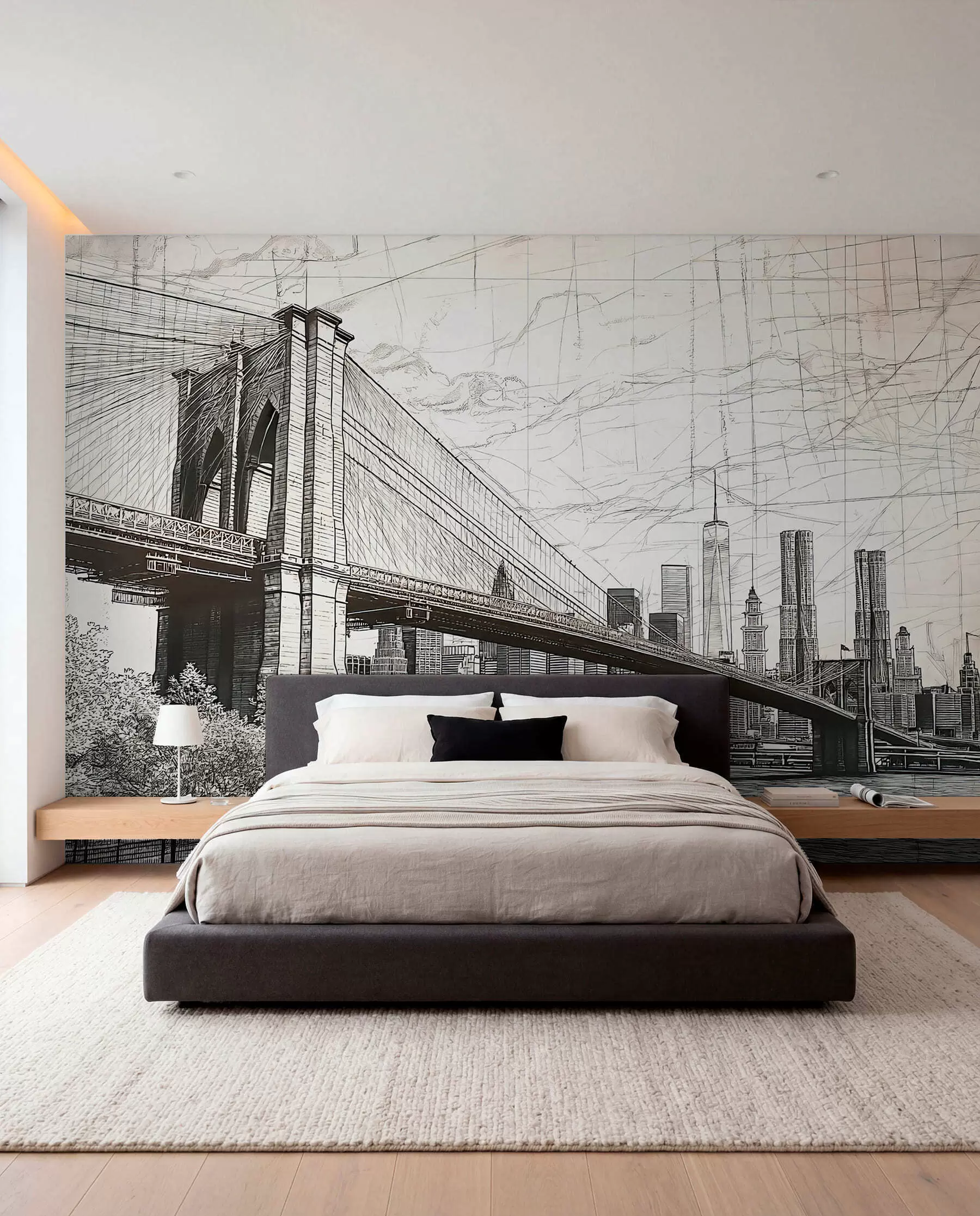 Carta da parati con la vista di città Panorama del ponte di Brooklyn realizzato con una tecnica di schizzo retrò con linee e graffi 
