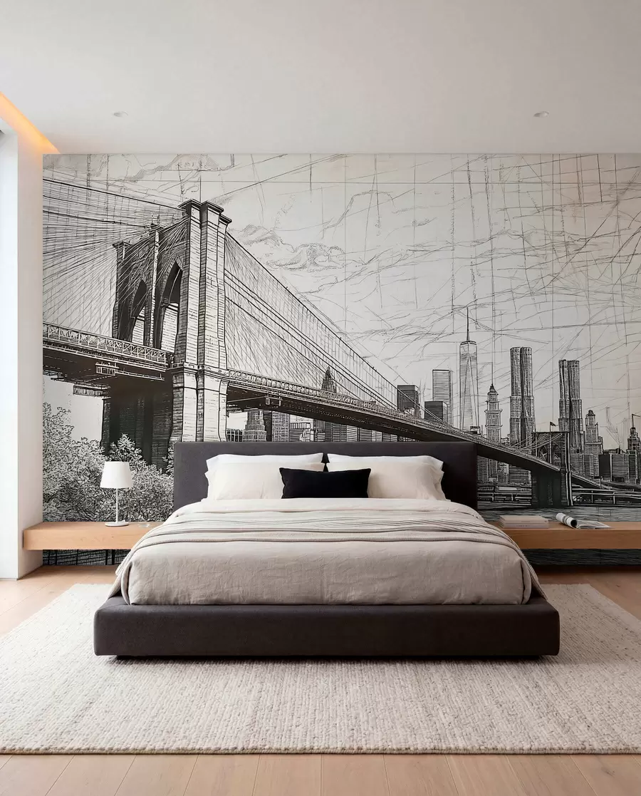 Carta da parati con la vista di città Panorama del ponte di Brooklyn realizzato con una tecnica di schizzo retrò con linee e graffi 