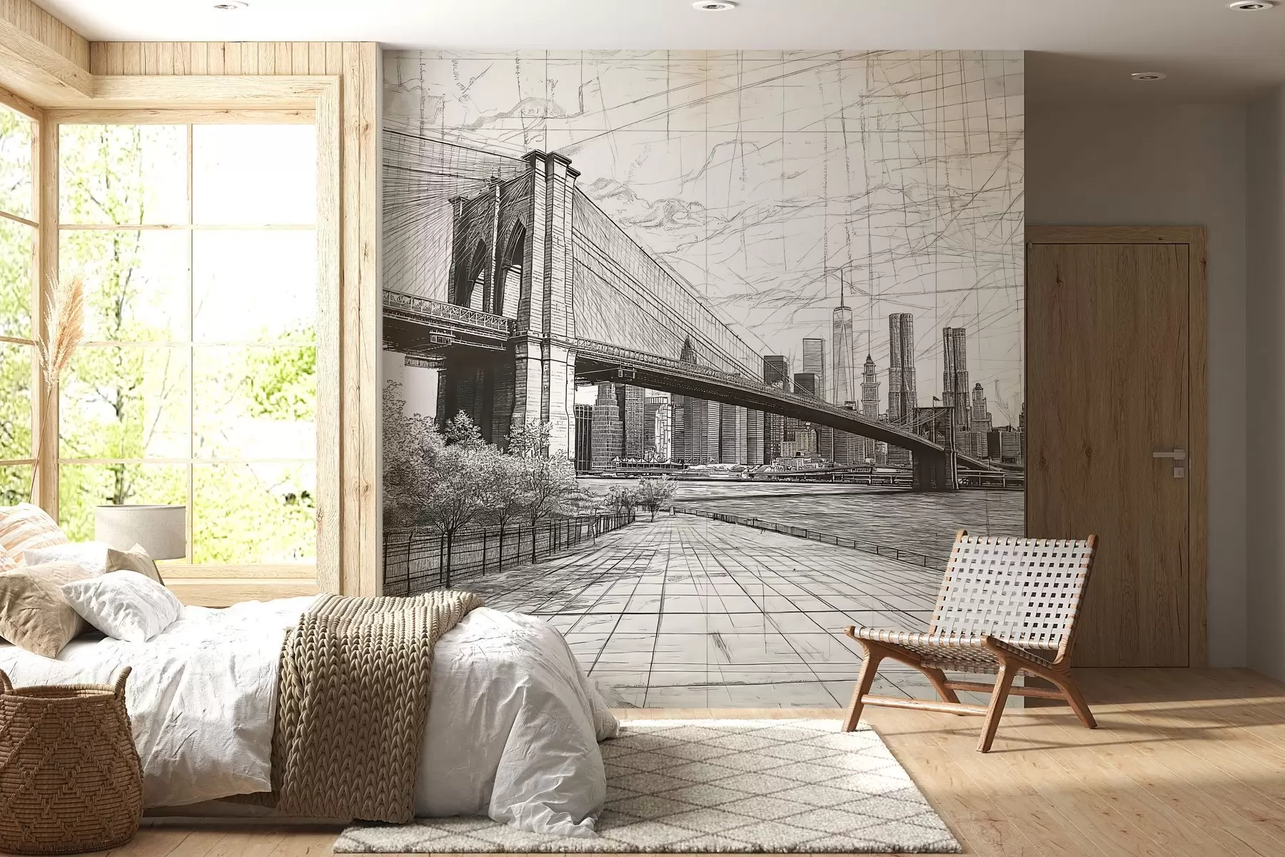 Carta da parati con la vista di città Panorama del ponte di Brooklyn realizzato con una tecnica di schizzo retrò con linee e graffi 
