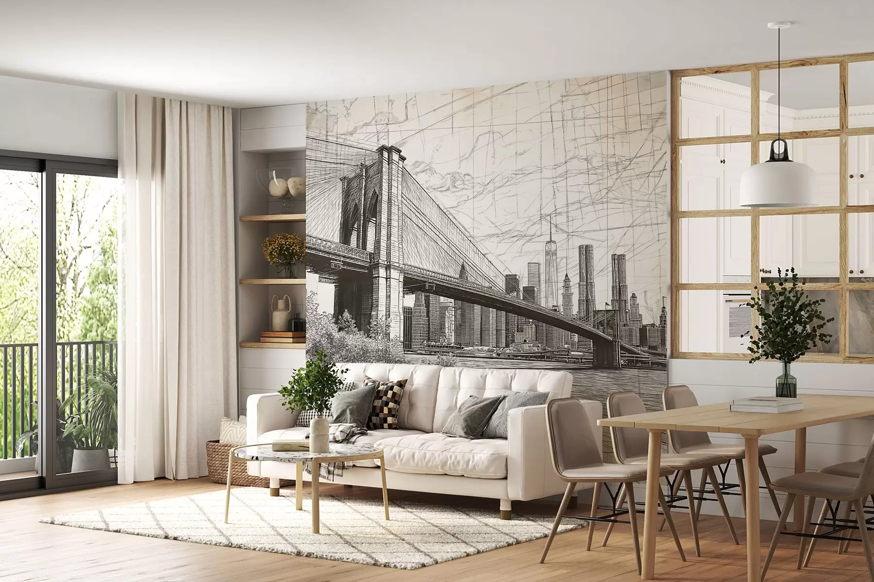 Carta da parati con la vista di città Panorama del ponte di Brooklyn realizzato con una tecnica di schizzo retrò con linee e graffi 